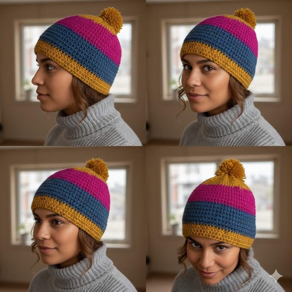 Handmade Crochet Beanie Hat Pom Pom Winter Warm Colorful Adult One‎ Size